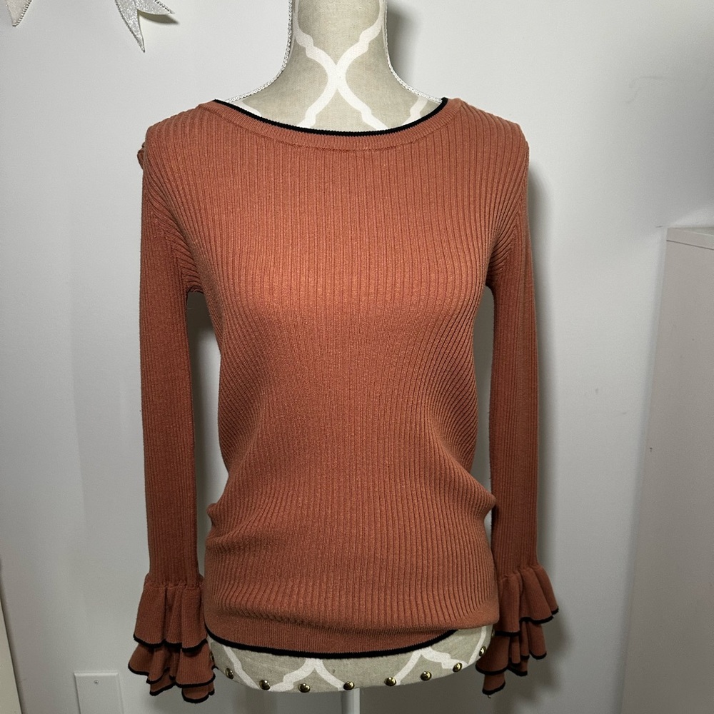 Rust Ribbed Sweater with Ruffle Sleeves - Picture 3 of 4